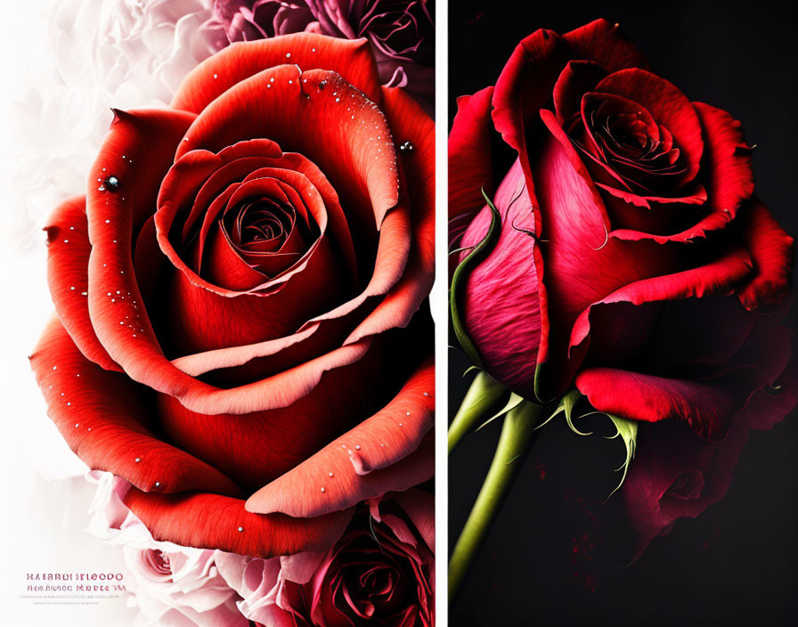 Vibrant red roses with dewdrops on white and dark backgrounds