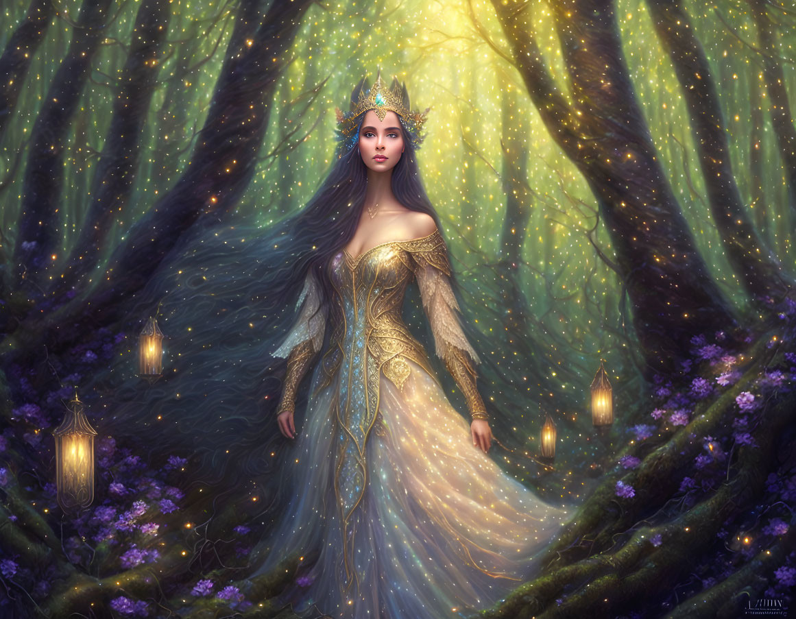 Ethereal woman in glowing forest with lanterns