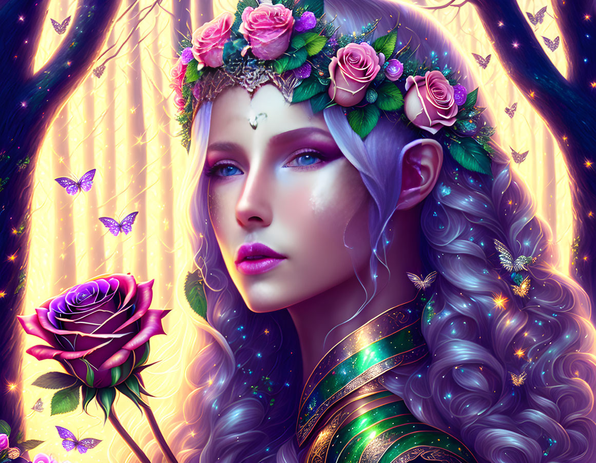 Portrait of woman with violet hair, floral crown, butterflies, in enchanted forest.