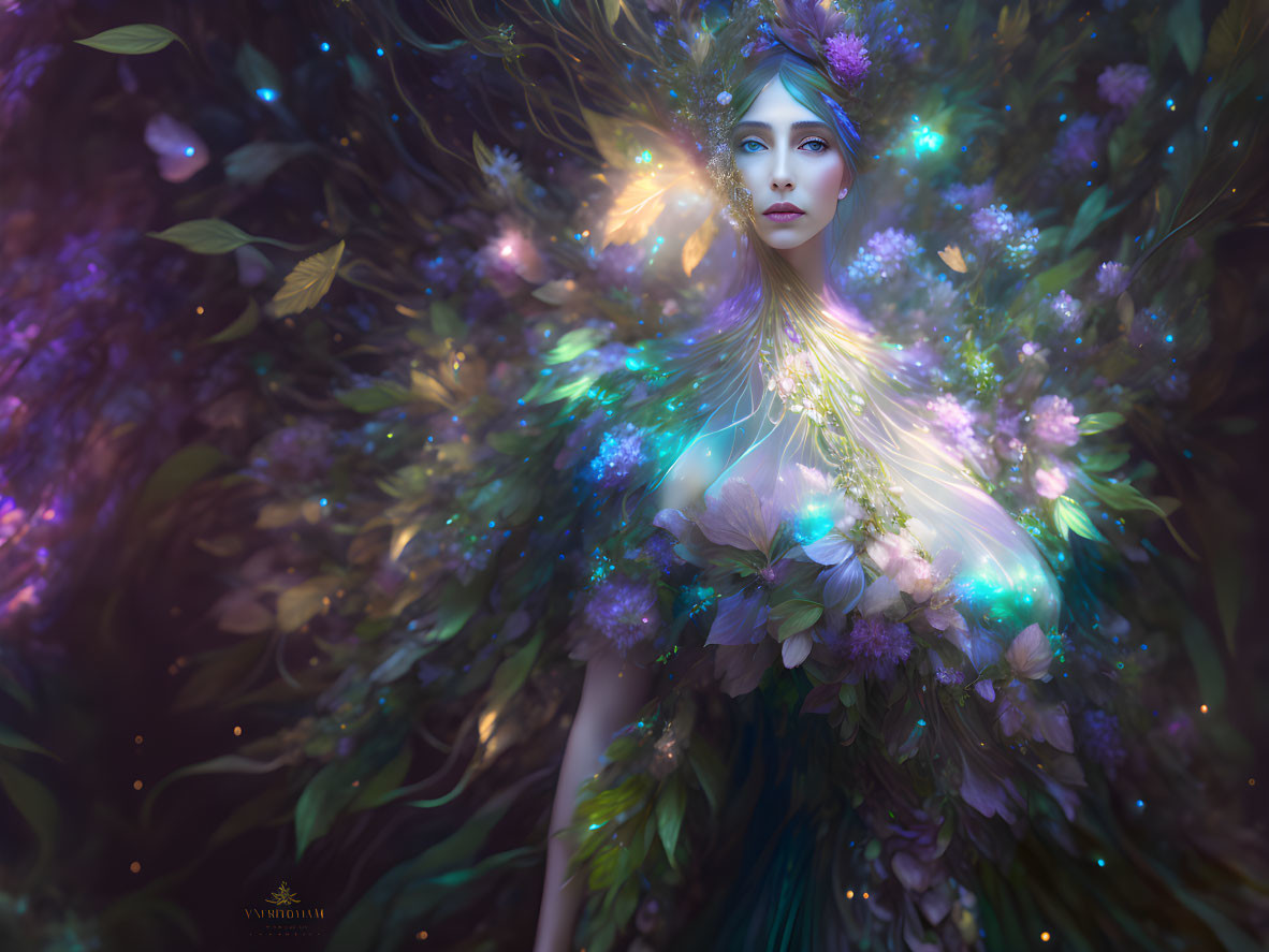 Mystical woman with iridescent leaves and flowers in forest setting