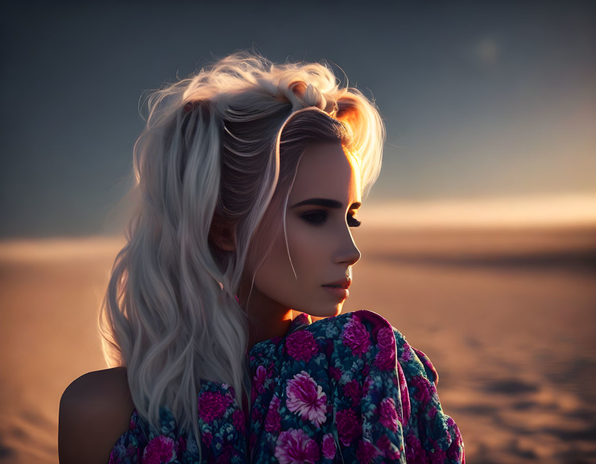 Blonde woman in floral garment gazes away at dusk