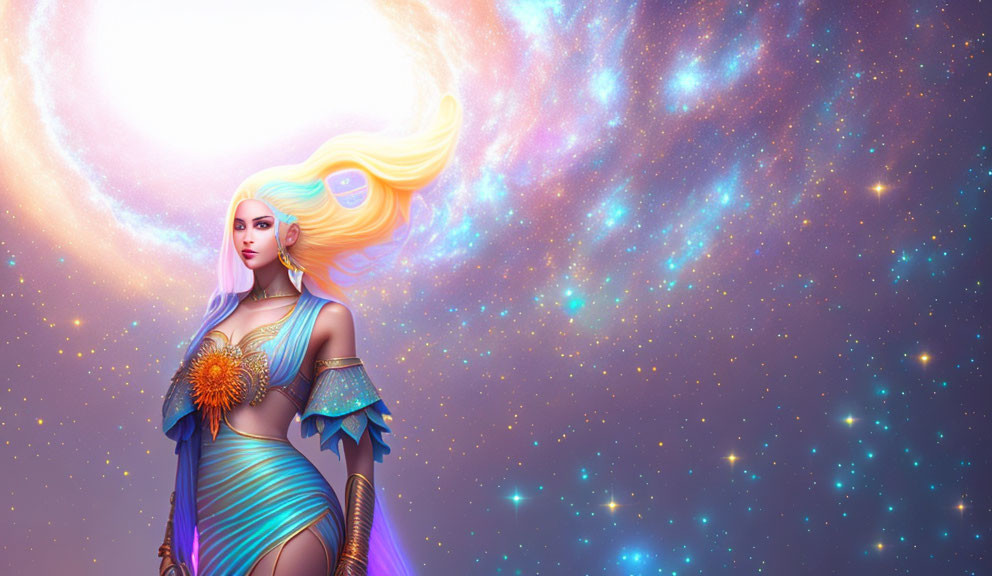 Cosmic-themed digital artwork of female character with flowing hair in vibrant nebula space.