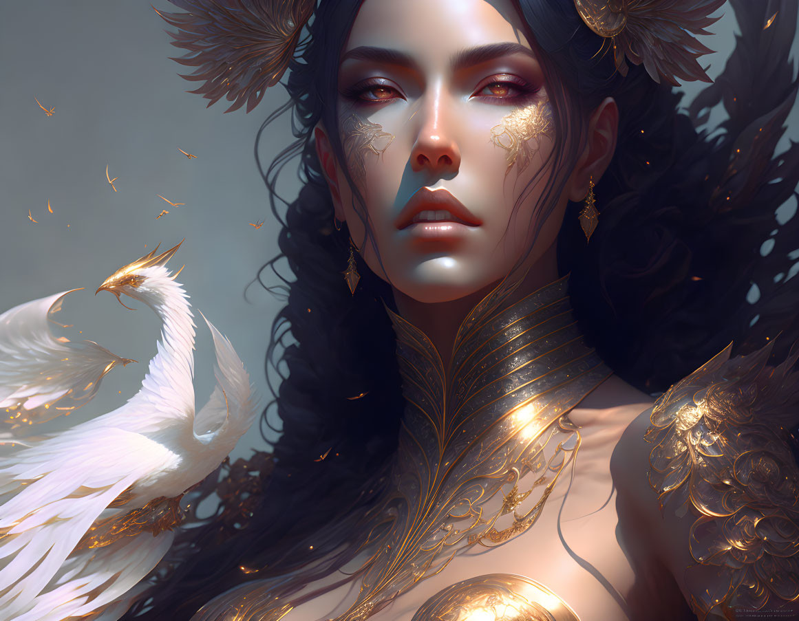 Digital portrait: Woman with gold accents, dark hair, white bird - fantasy theme