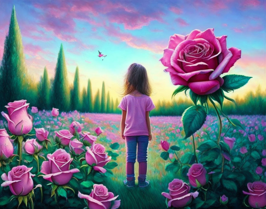 Young girl in vibrant field with pink roses and airplane in colorful sky