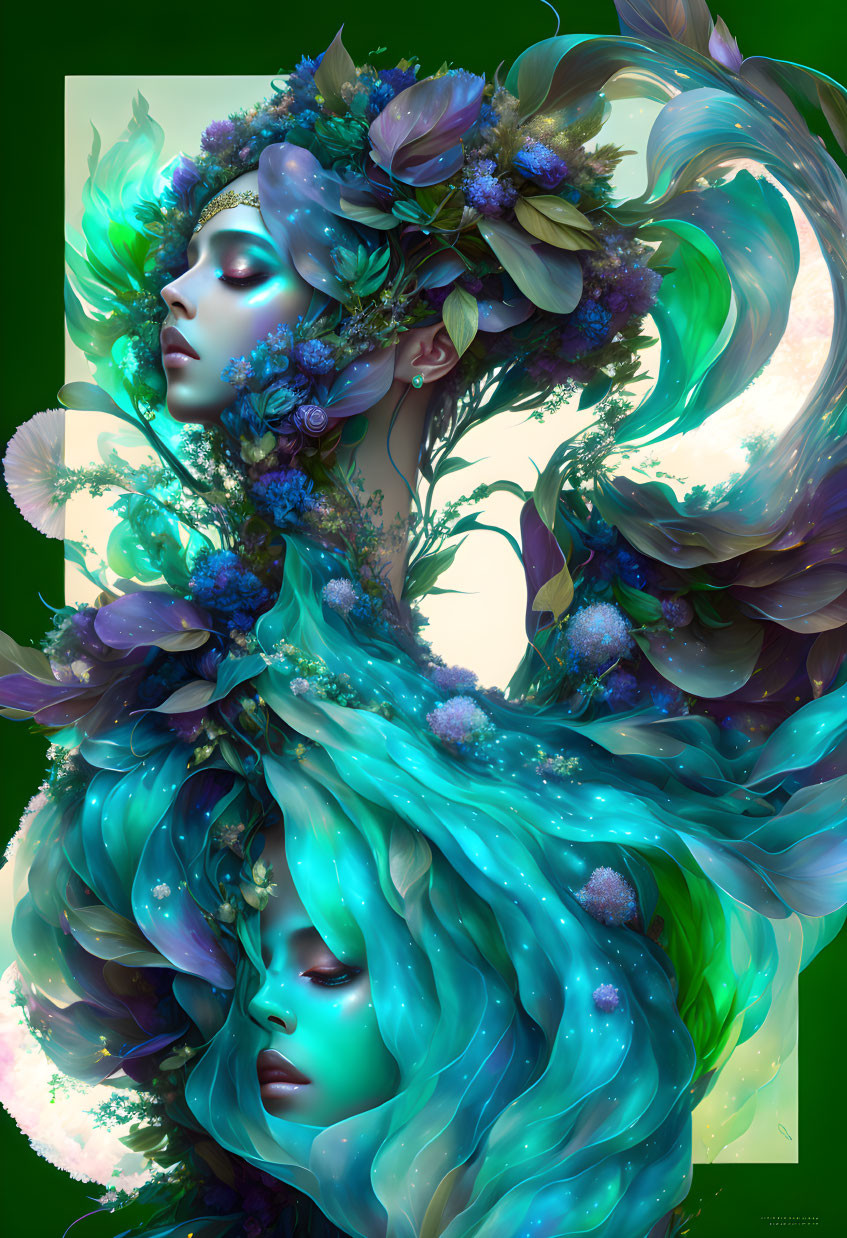 Stylized digital artwork of two women with floral and aquatic elements