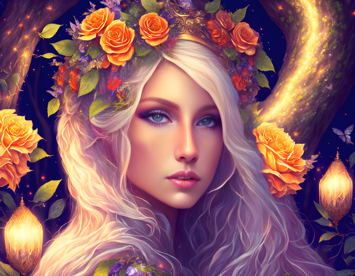 Platinum Blonde Fantasy Figure with Orange Rose Wreath and Lanterns