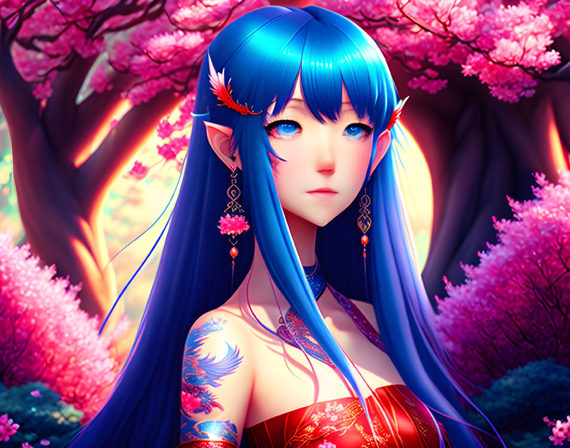 Blue-haired anime character with elfin ears in front of pink blossoming tree background