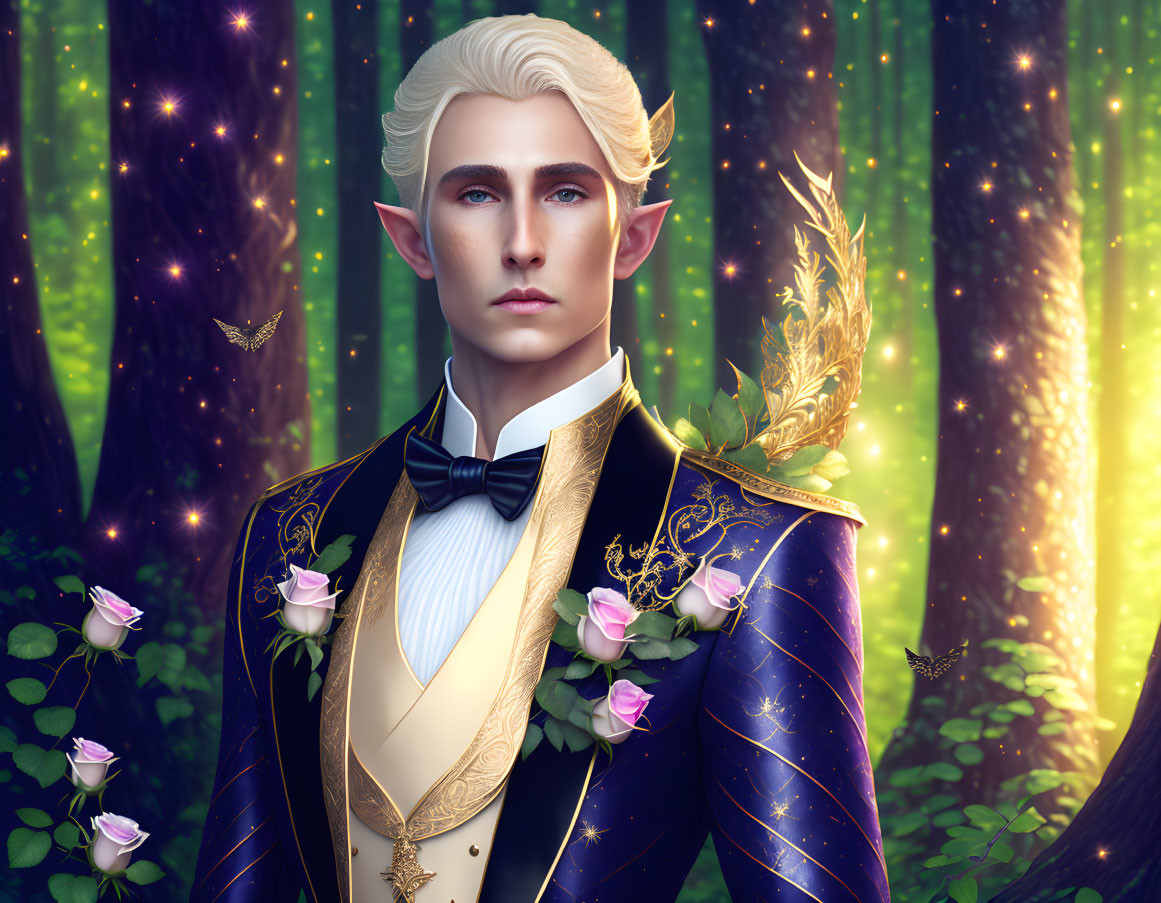 Elegant elf in luxurious suit in magical forest with golden leaves and roses