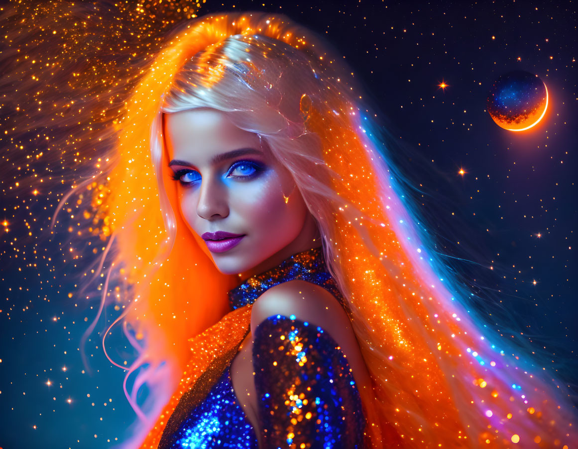 Vibrant woman with cosmic makeup and flowing hair in sparkling attire.