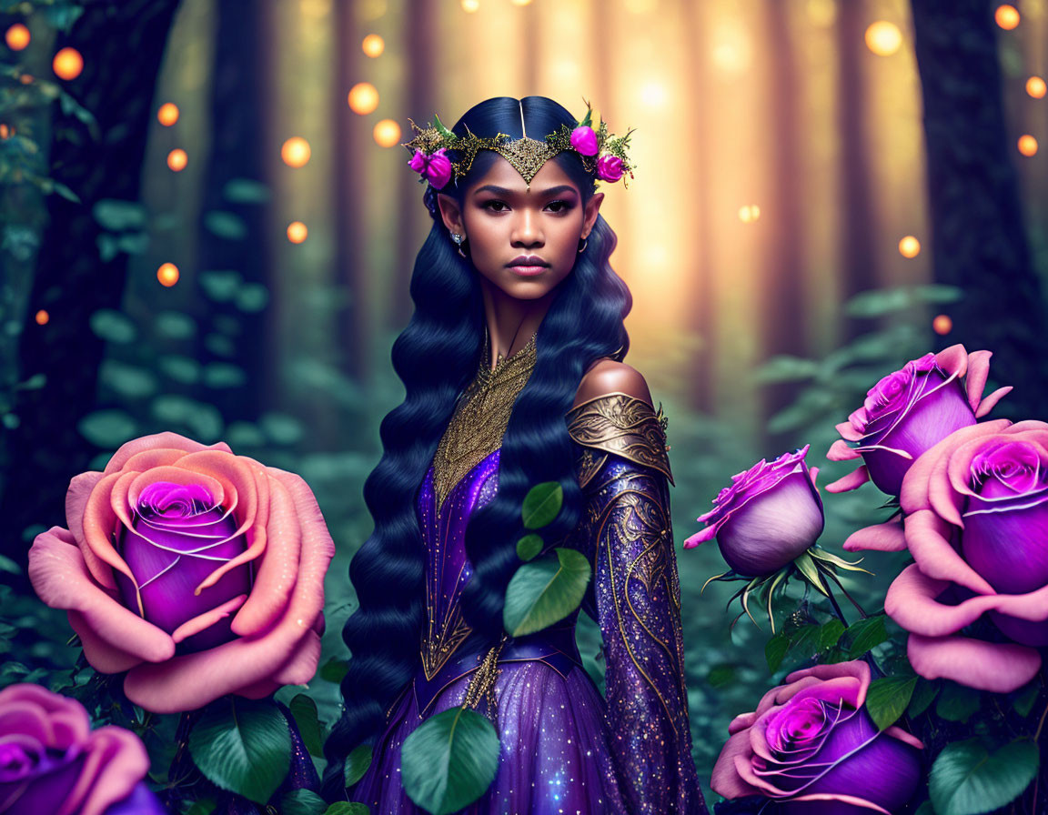 Fantasy woman with floral crown in mystical forest setting