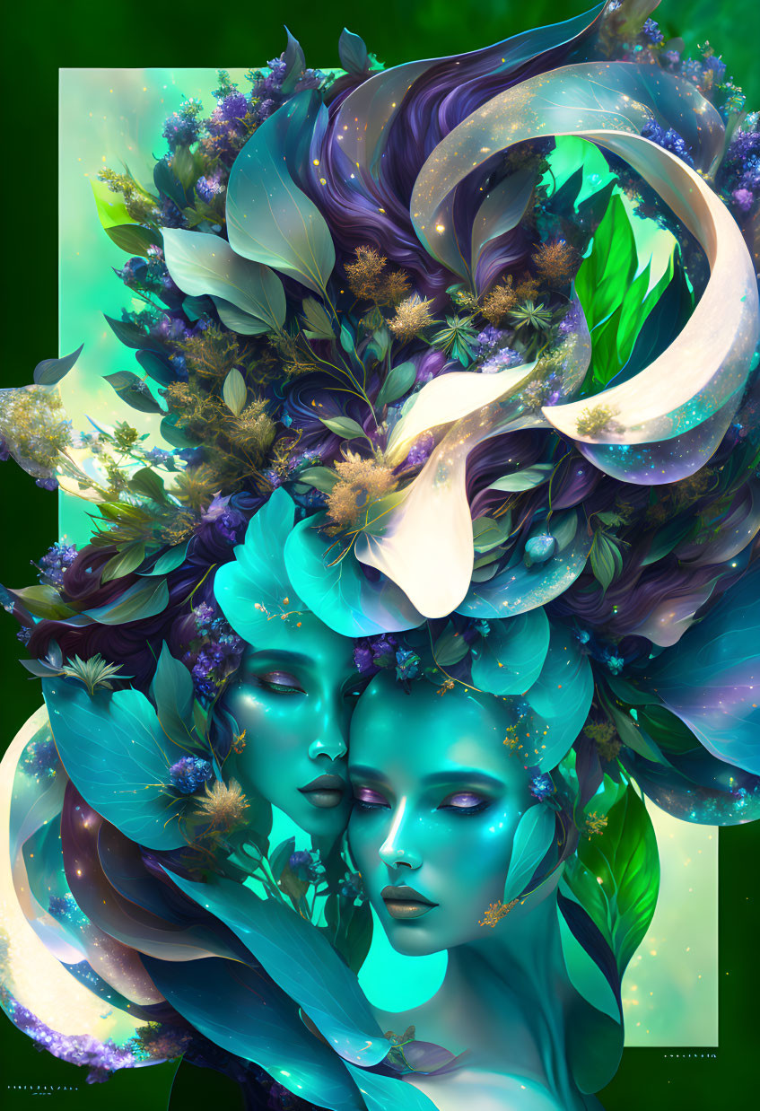 Vibrant digital artwork of entwined female figures in green and blue.