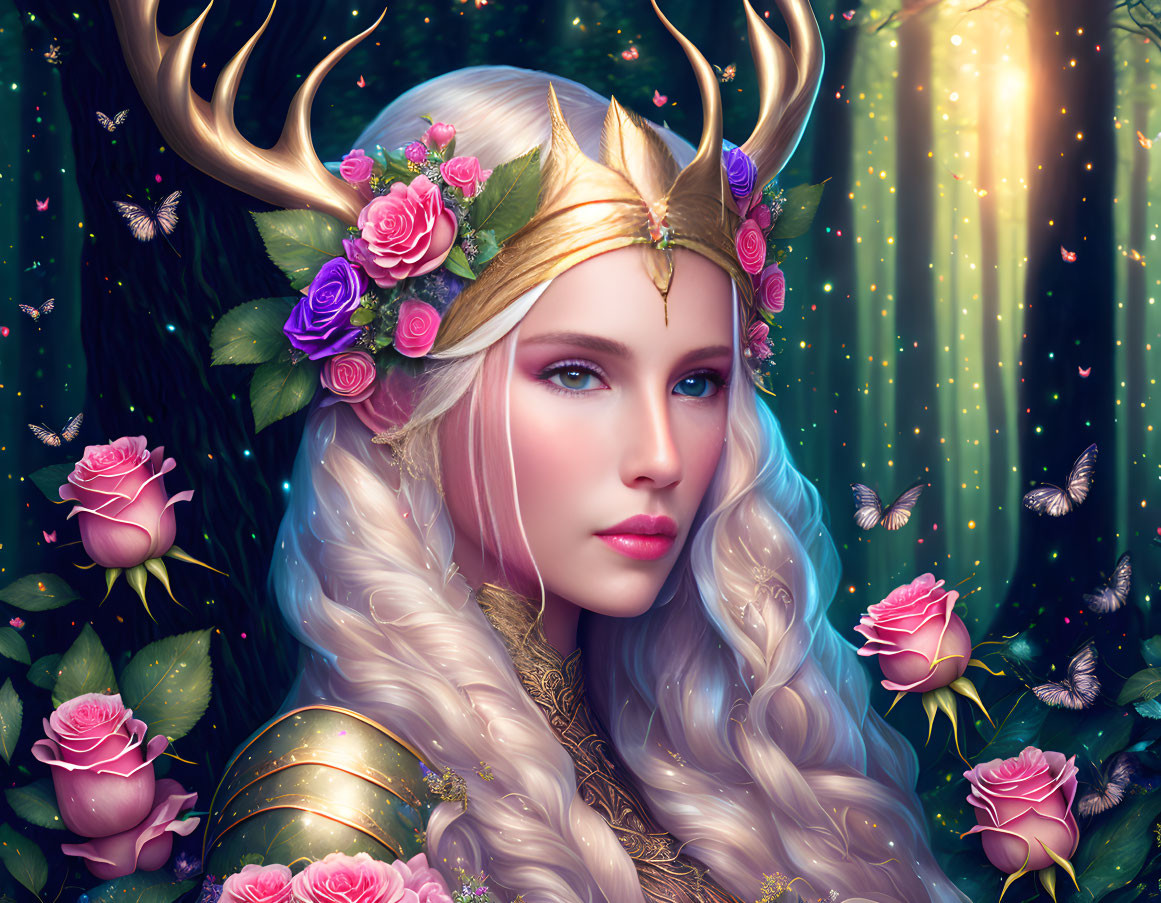 Fantasy illustration: Woman with antler crown in magical forest