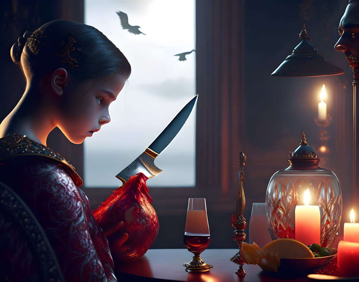 Historical woman with knife and pomegranate in mysterious setting