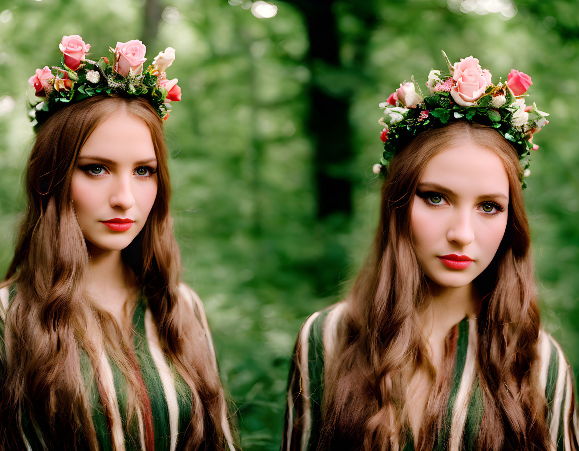 Diptych portrait of woman in floral crown with changing expressions