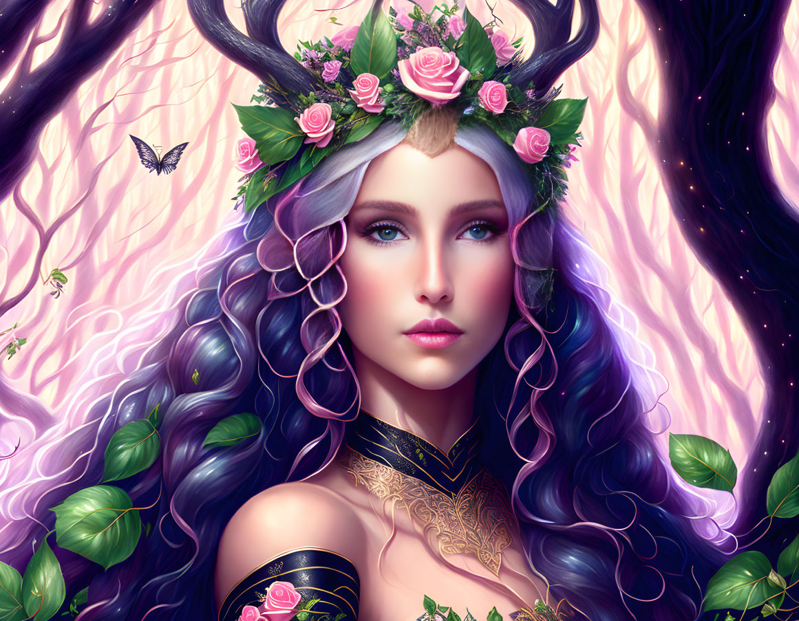 Purple-haired woman with flower crown in enchanted forest.