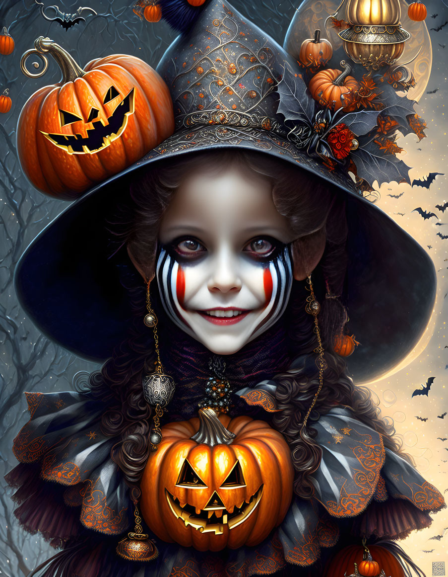 Young girl in witch costume with jack-o'-lantern, Halloween face paint, autumn elements, bats