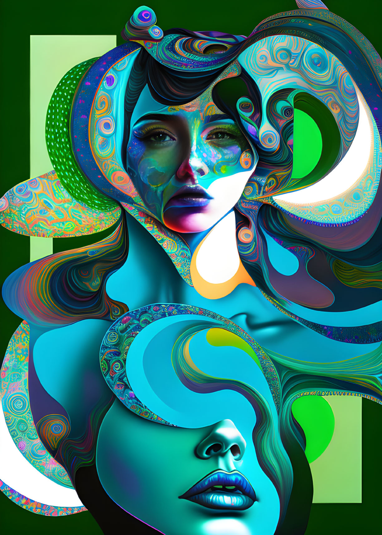 Abstract digital art: Multiple female figures with swirling hair on green background