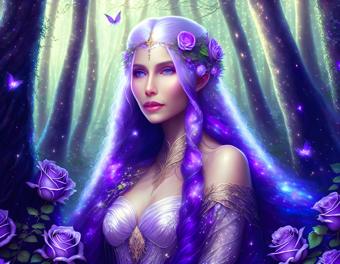 Mystical woman with purple hair and butterflies in ethereal forest