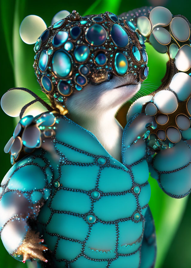 Stylized humanoid creature in luminescent gear on green background