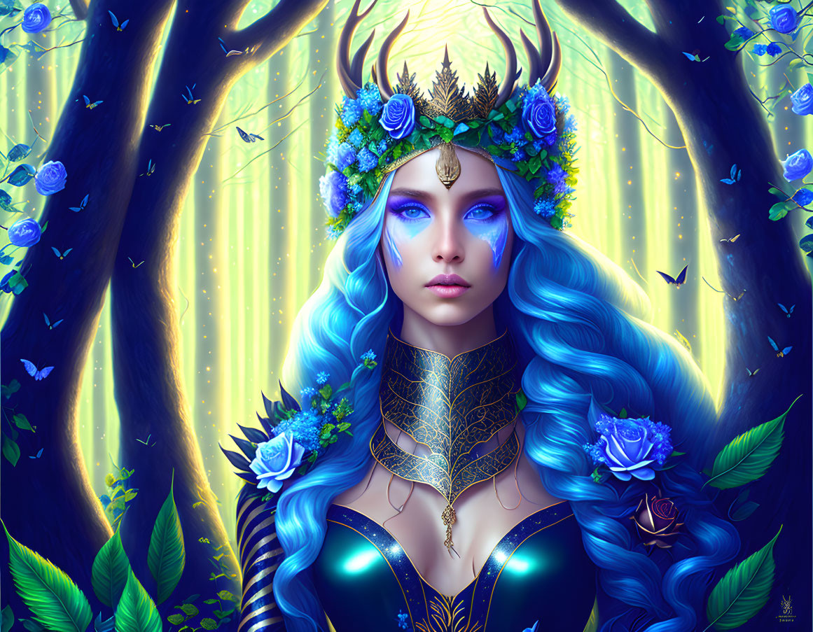 Fantastical female with blue hair and floral antler crown in enchanted forest