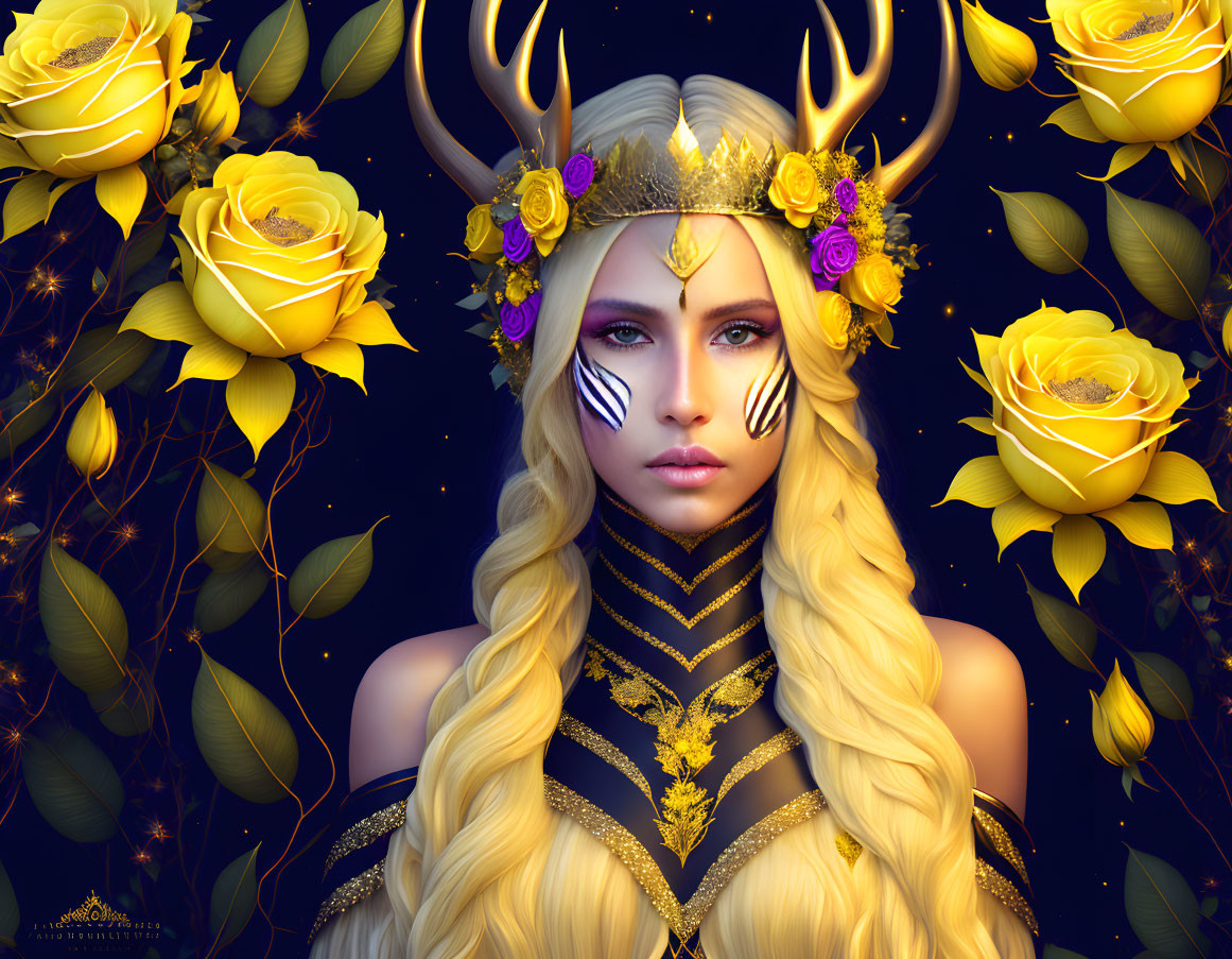 Golden-horned woman with floral crown and tribal face paint surrounded by yellow roses and intricate jewelry.