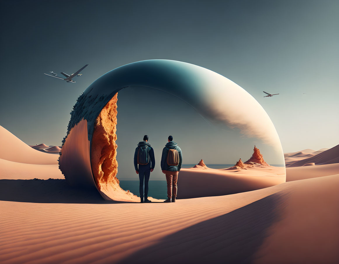 Surreal circular portal with contrasting desert landscape.