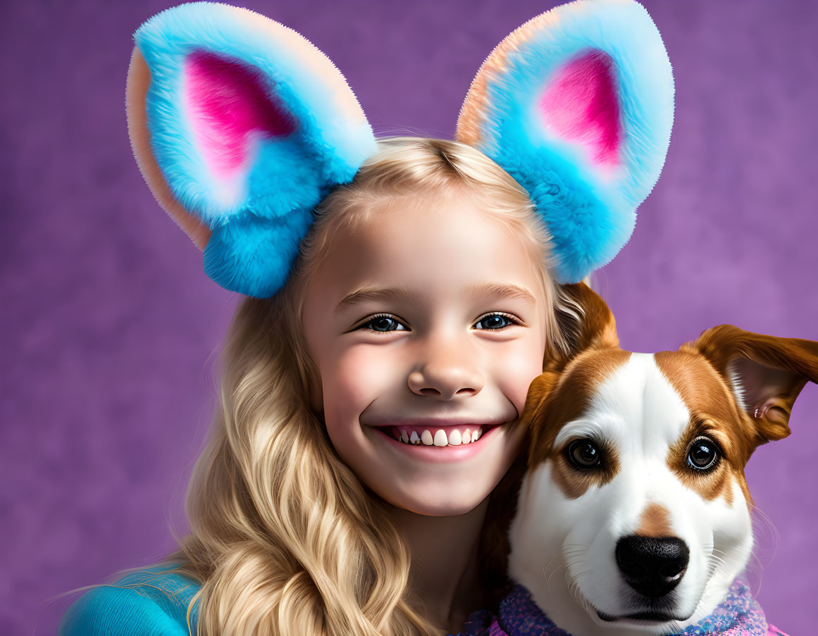 Young girl in bunny ears hugging dog on purple background