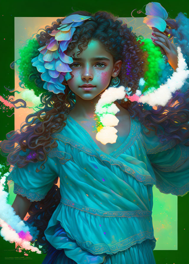 Fantasy portrait of young girl with curly hair, butterflies, and ethereal clouds on green background