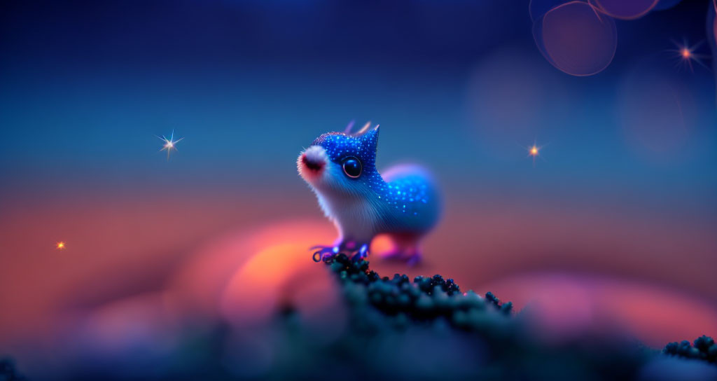 Blue Sparkling Squirrel Figurine on Bokeh Background