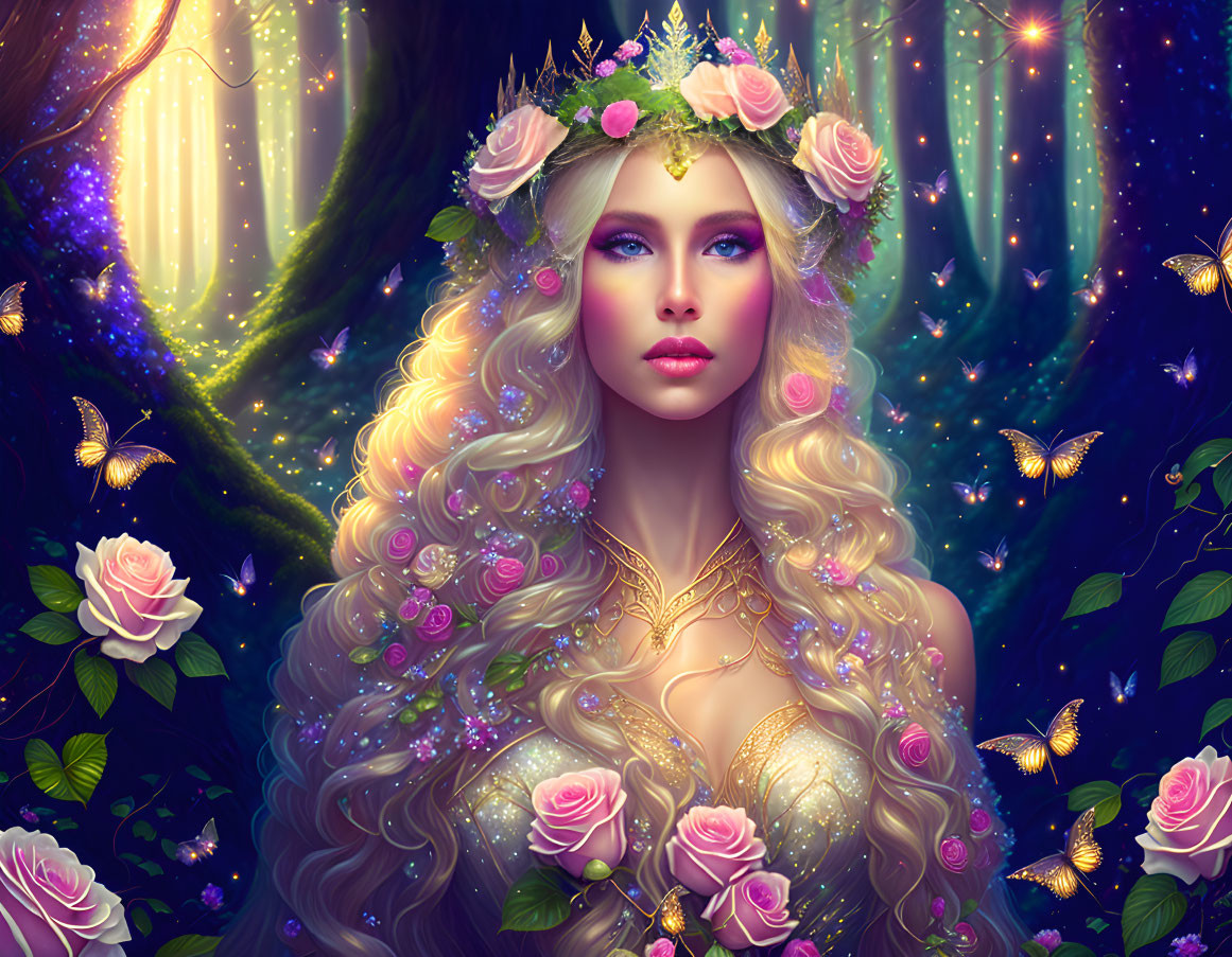 Fantasy illustration of woman with floral hair and butterflies