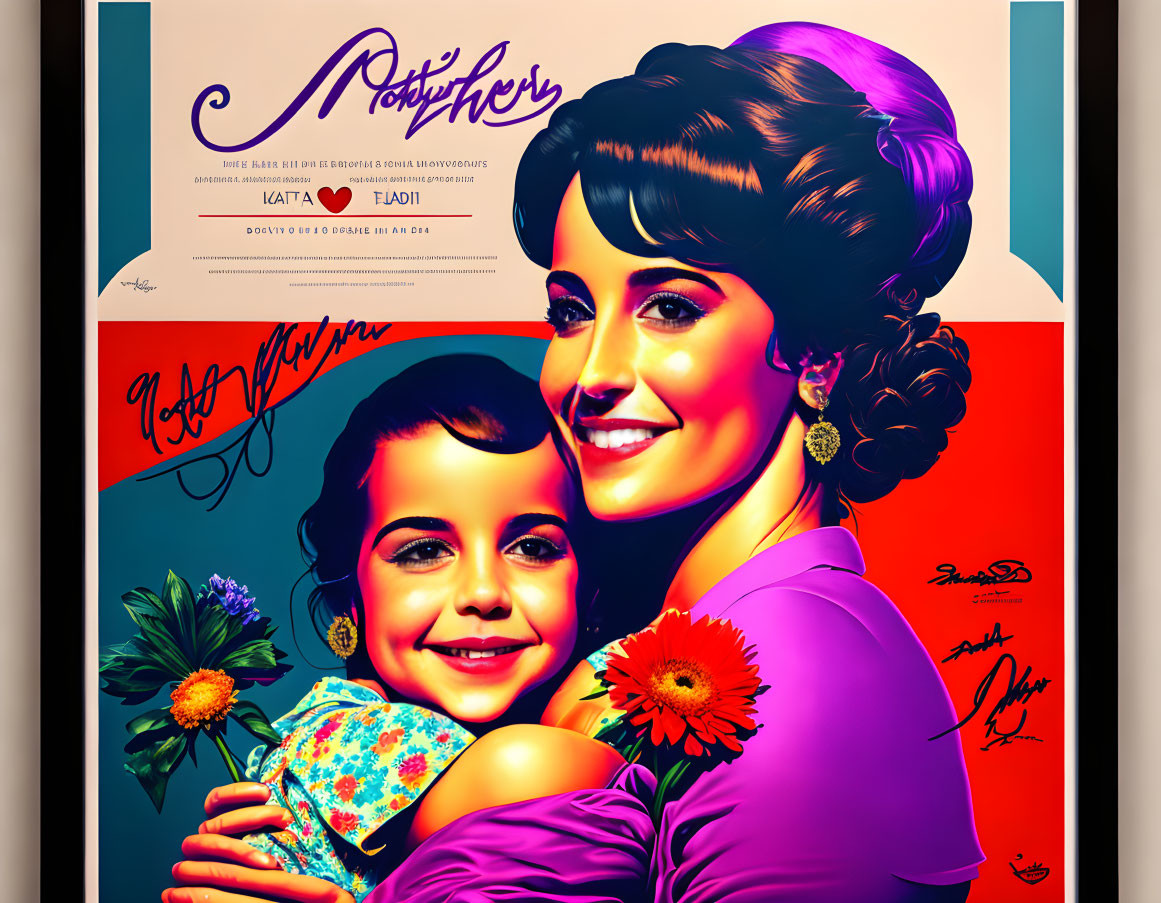 Colorful Stylized Poster with Woman and Girl Signatures