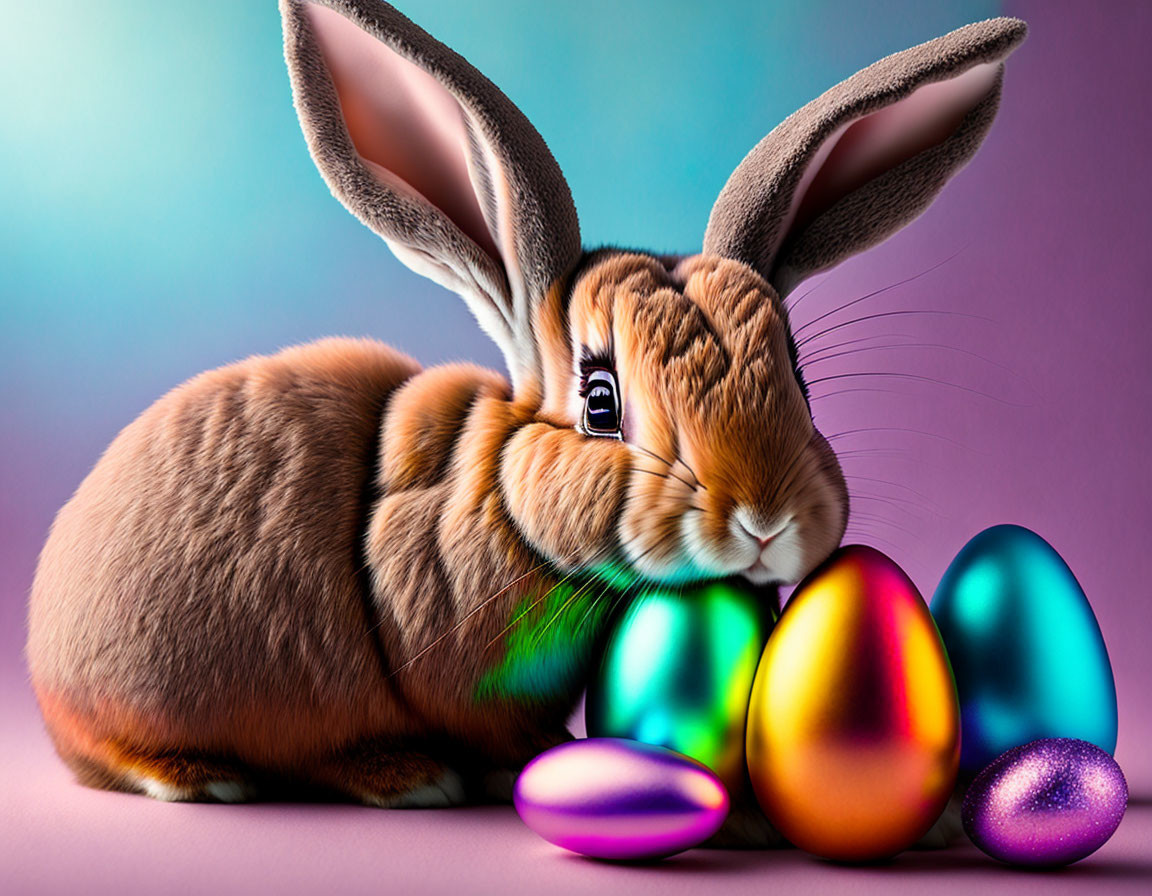 Fluffy Brown Rabbit and Vibrant Easter Eggs on Purple Background