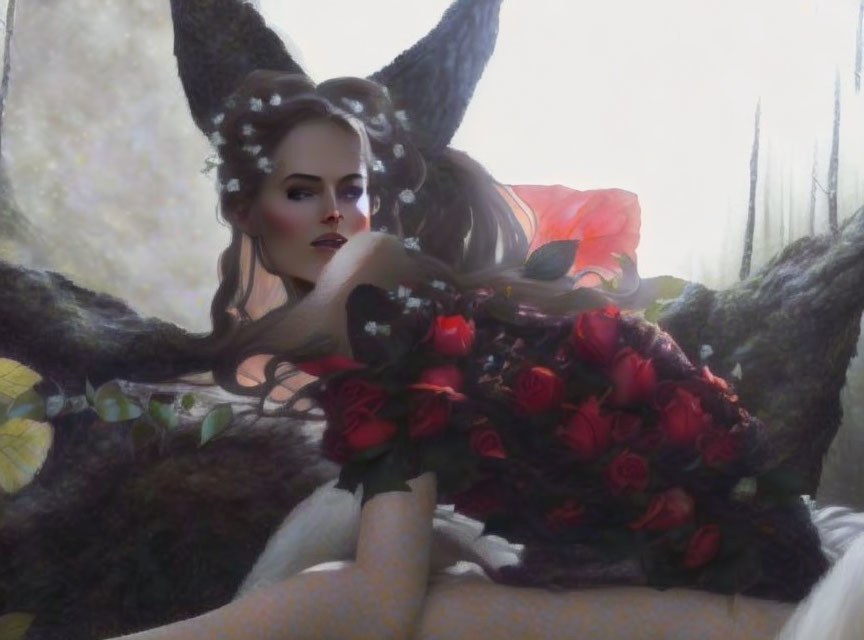 Surreal image: Woman with floral headpiece, wolf ears landscape, roses bouquet