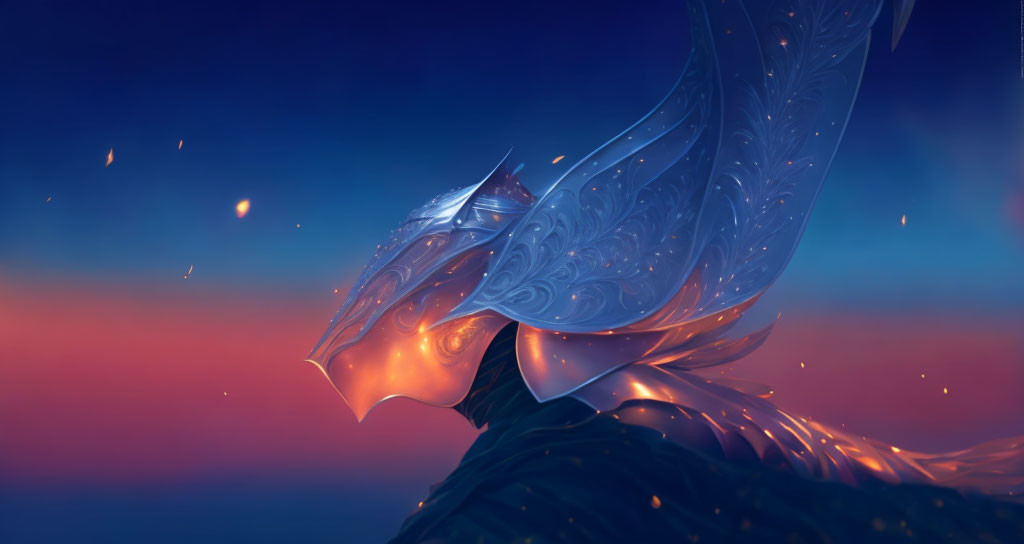 Intricately engraved metallic dragon head against twilight sky