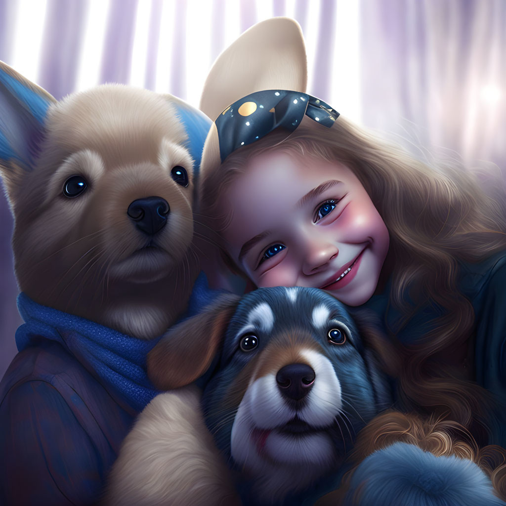 Curly-haired girl cuddles with two puppies in soft-lit setting