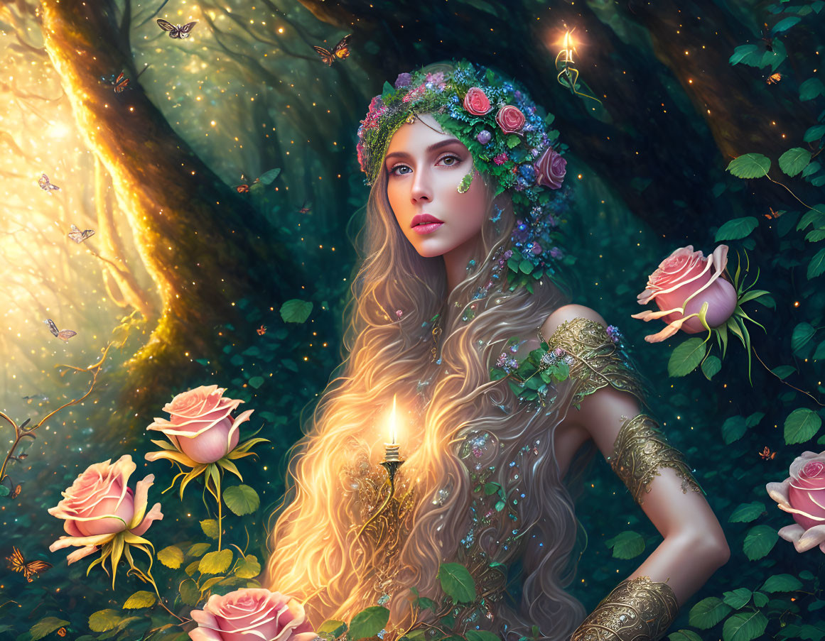 Fantasy portrait of woman with floral crown and candle in enchanted forest