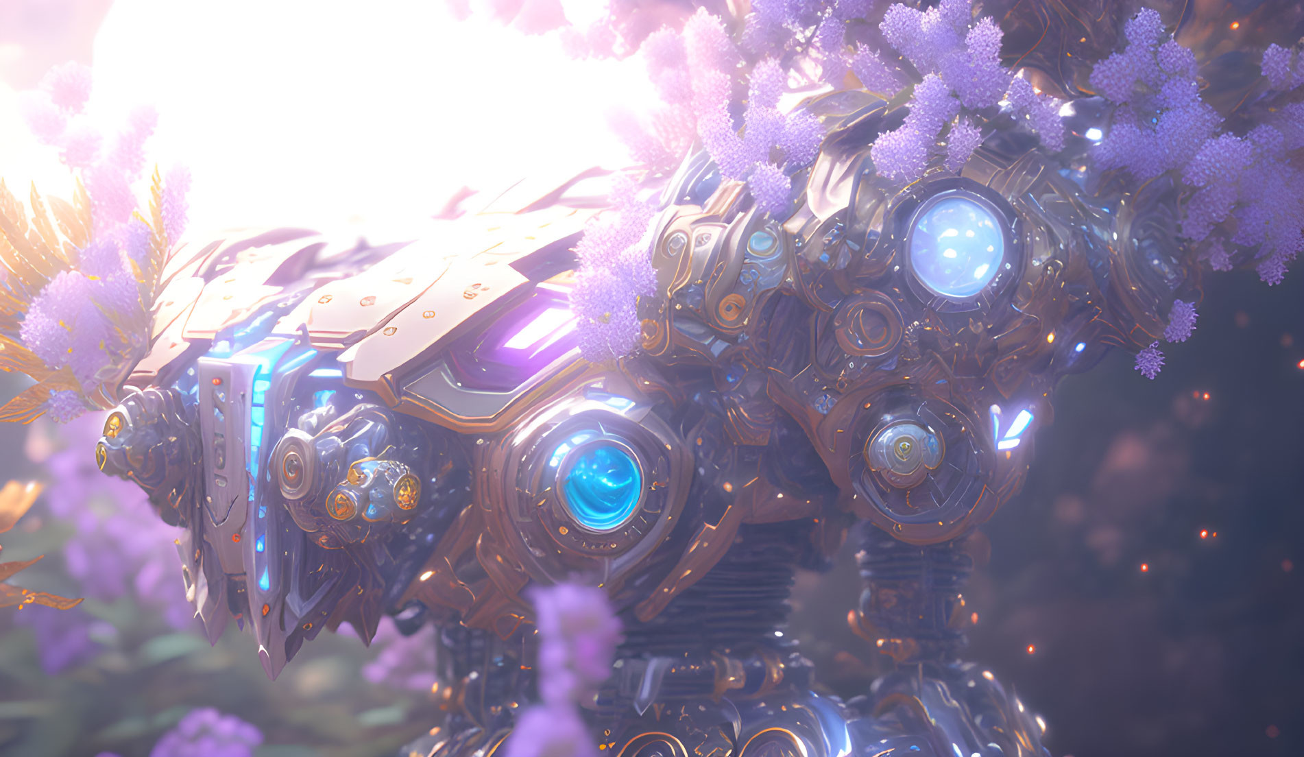 Futuristic robotic head with purple flowers in soft glow