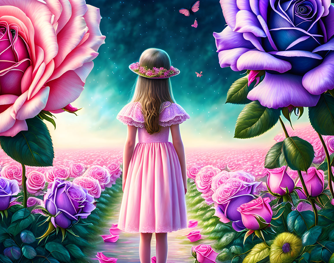 Girl in pink dress and flower crown in rose field under starry sky with giant roses and butterfly.