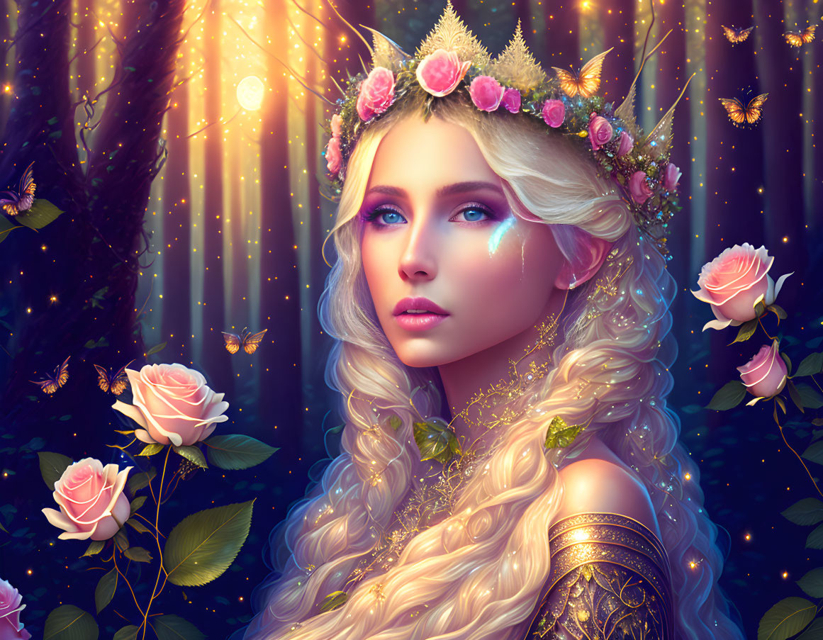 Blonde woman with blue eyes in mystical forest with butterflies