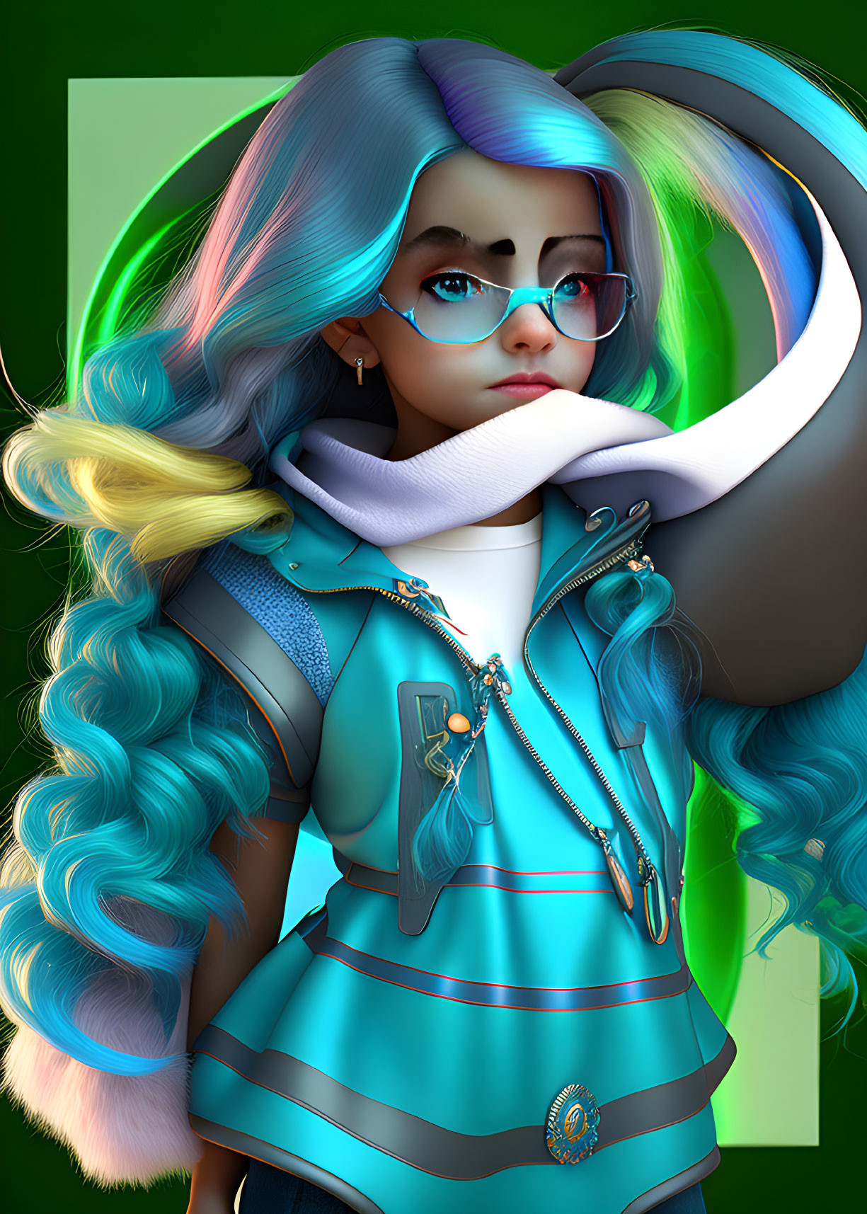 Character with Multicolored Hair and Glasses in Teal Outfit with Zipper and Ornament