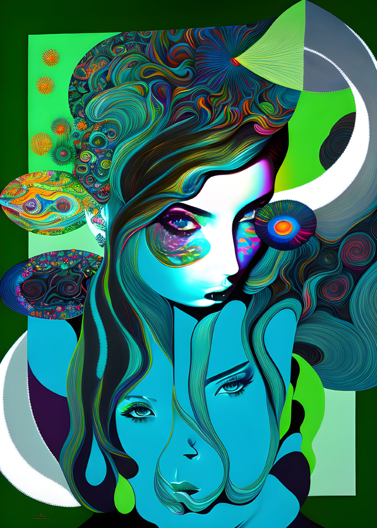 Colorful digital art of woman with swirling hair and abstract shapes on green background