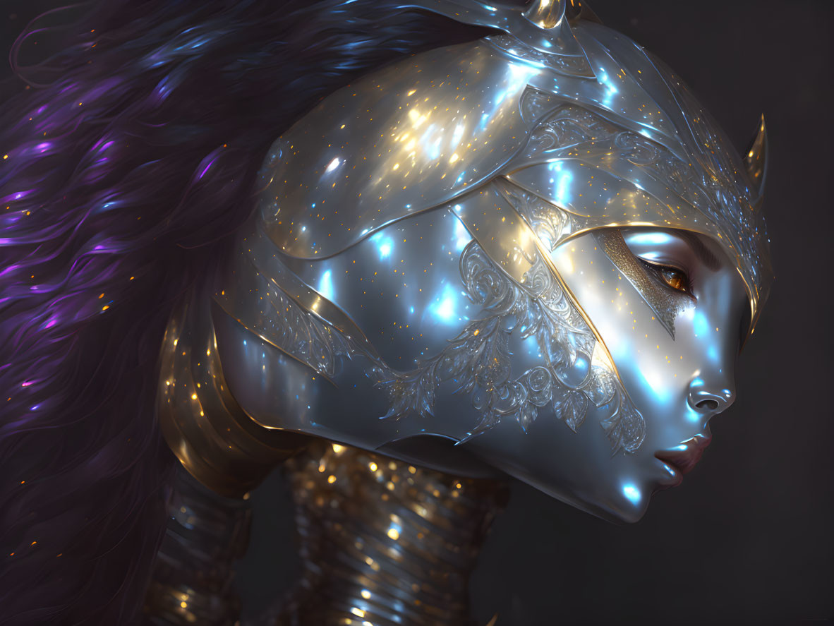 Digital artwork: Woman with luminous skin in metallic helmet, purple hair background