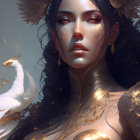 Fantasy portrait: Woman in gold armor with bird, dark wavy hair