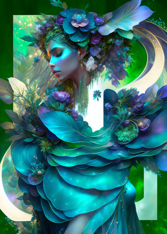 Fantastical woman with floral elements under crescent moon