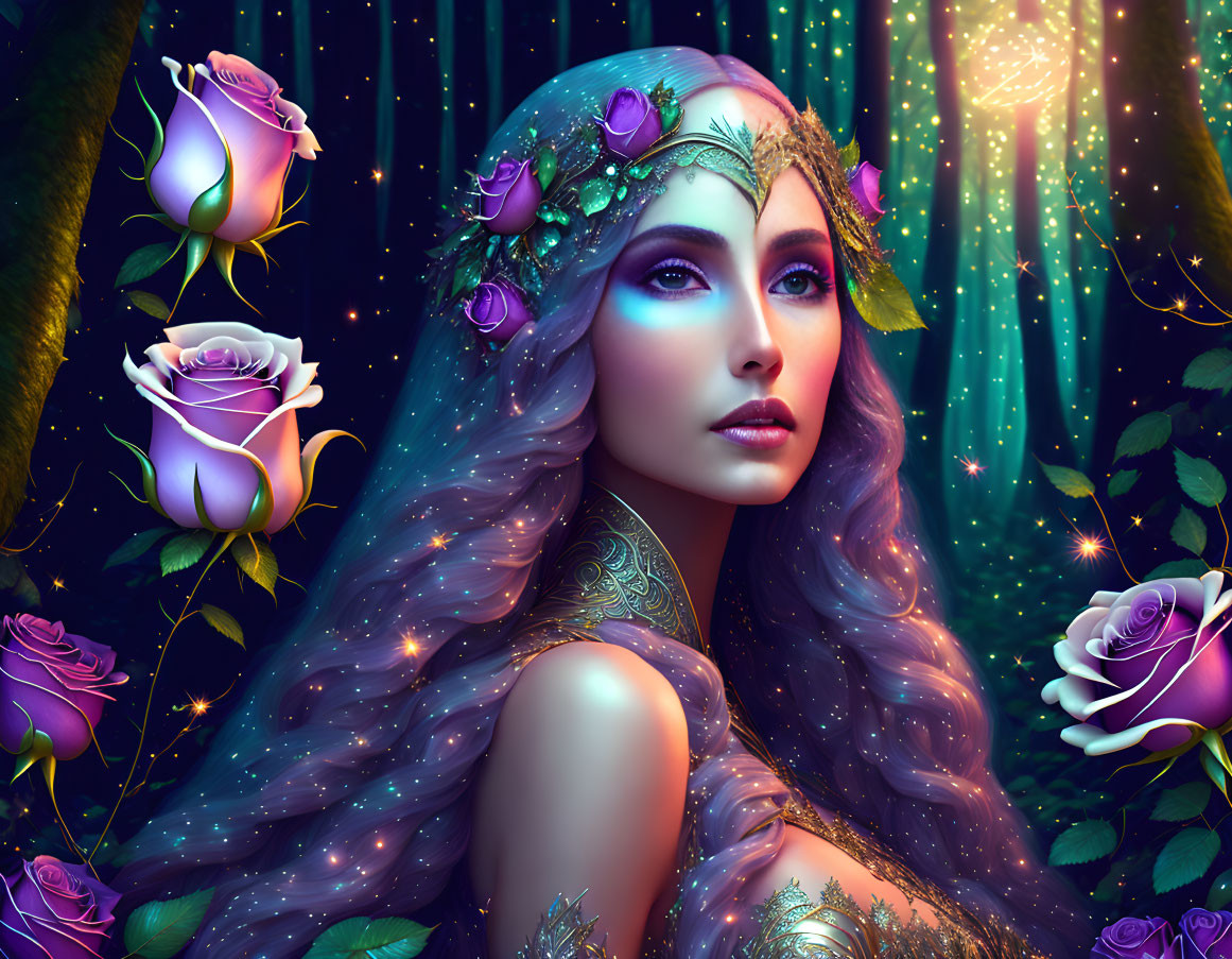 Mystical female figure in vibrant enchanted forest