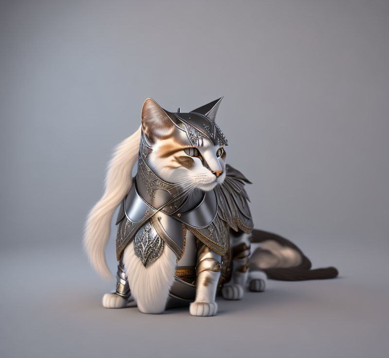 Stylized cat in medieval armor with intricate designs and helmet pose.