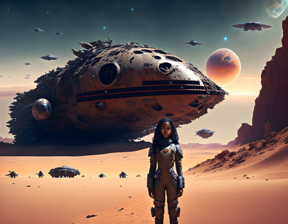 Person in spacesuit on desert planet with hovering spaceships