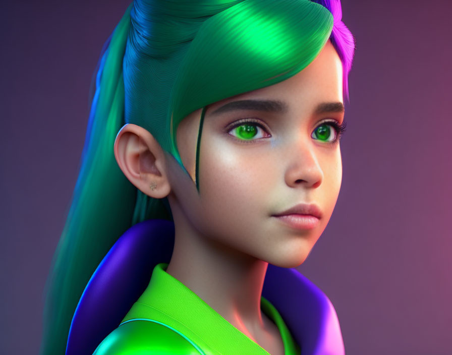 Vibrant green-haired female character in 3D against purple backdrop