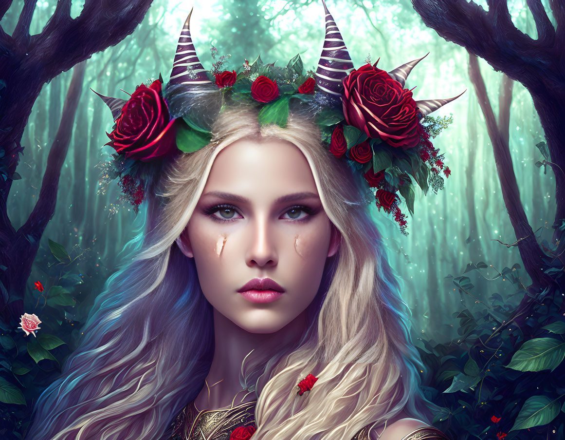 Fantasy portrait of woman with horns, roses, foliage, wavy hair in ethereal forest.