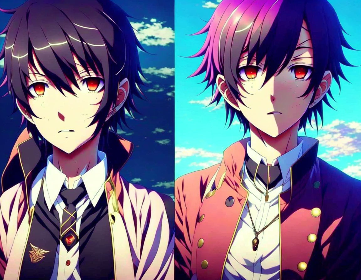 Anime-style characters in school uniform and brown jacket with red eyes and messy black hair.